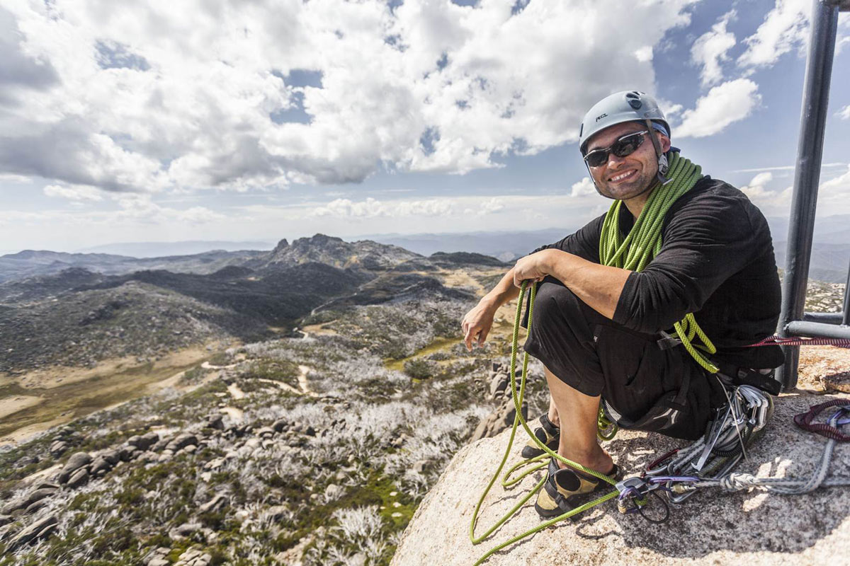 Jason Nikakis belaying at the top of Peroxide Blond (20) at Mount Buffalo